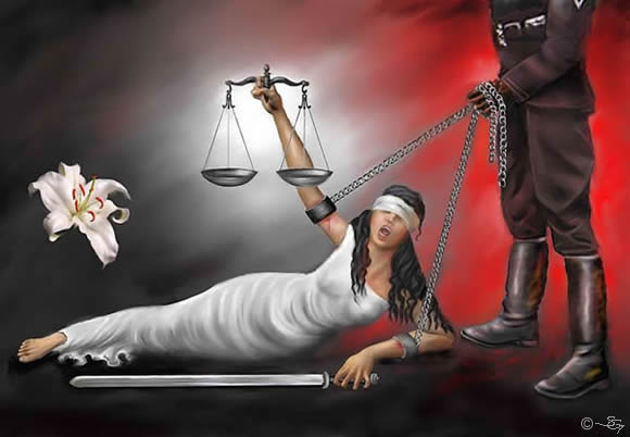 Lady Liberty shackled injustice
