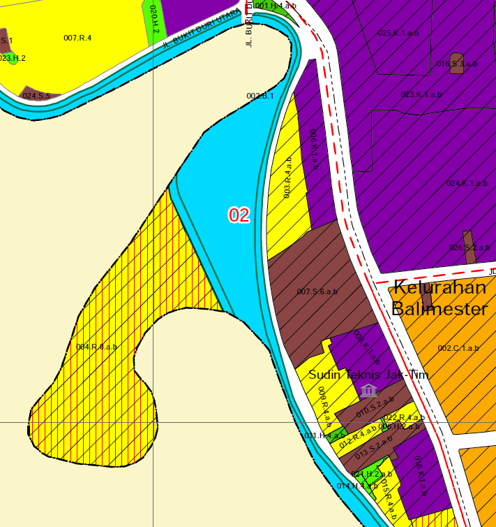 Gambar 3. Rencana zonasi Kampung Pulo (bukan bagian dari normalisasi sungai). Daerah biru bernomor 02 adalah sub zona terbuka biru yang kemungkinan menjadi sodetan/waduk. Saat ini, tempat yang sama merupakan area yang padat penduduk. Sumber, Sosialisasi Rencana Detail Tata Ruang DKI Jakarta. Klik gambar untuk menuju sumber.