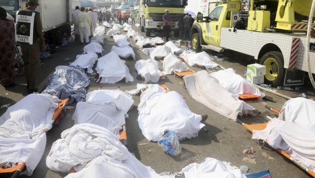 Bodies of Muslim pilgrims are seen after a stampede at Mina, outside the holy Muslim city of Mecca