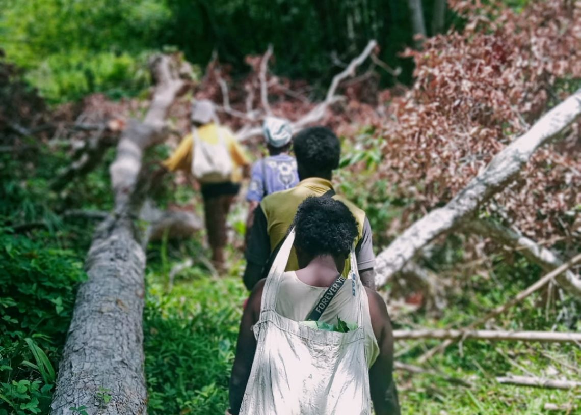 Perempuan Marind saat bekerja dengan membawa karung.
